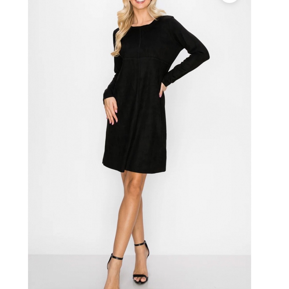 Joh Aurora Shift Dress Large Black Faux Suede Long Sleeve Pockets Round Neck
